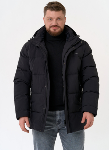 Мужской пуховик черного цвета с капюшоном