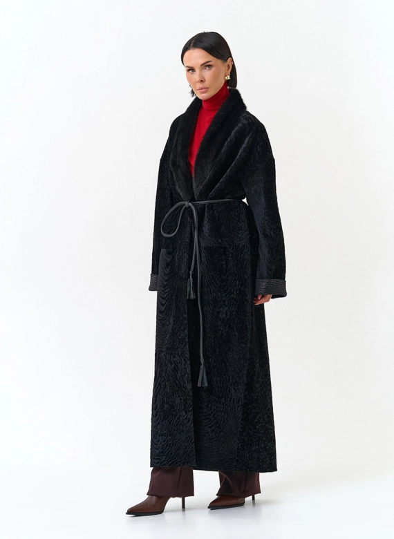 Женская двухсторонняя дубленка с воротником из меха норки фото