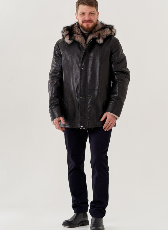 Мужская дубленка с капюшоном 