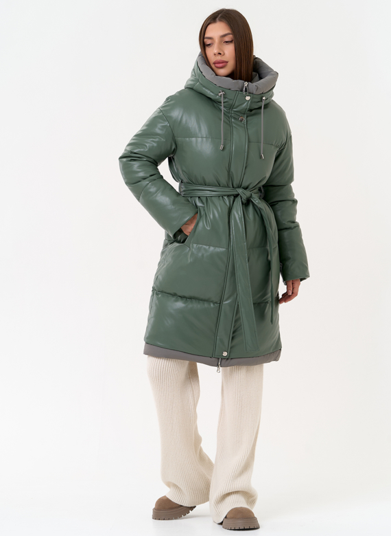 Женский пуховик из эко кожи с капюшоном