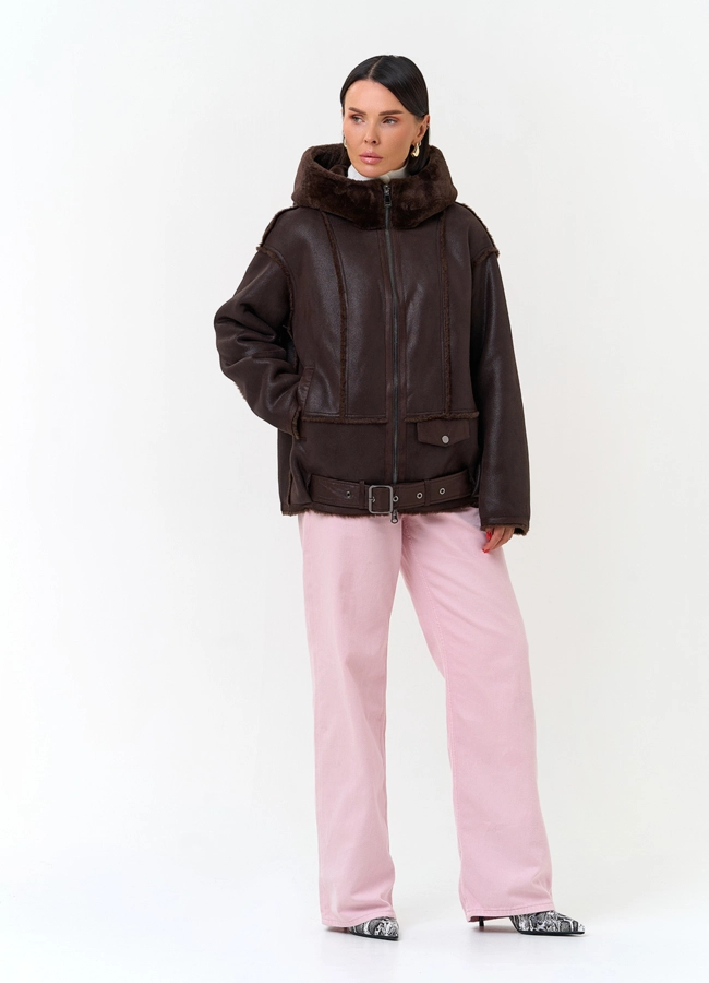 Женская дубленка бомбер из эко замши модель № 33887 универмаг малина
