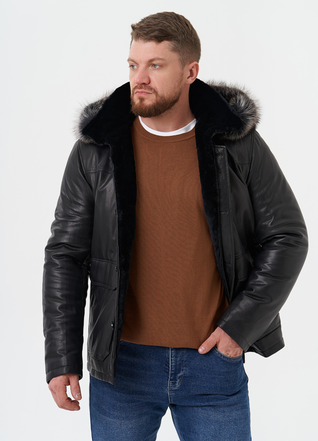 Пуховик из натуральной кожи с мехом енота модель № 25995 универмаг малина