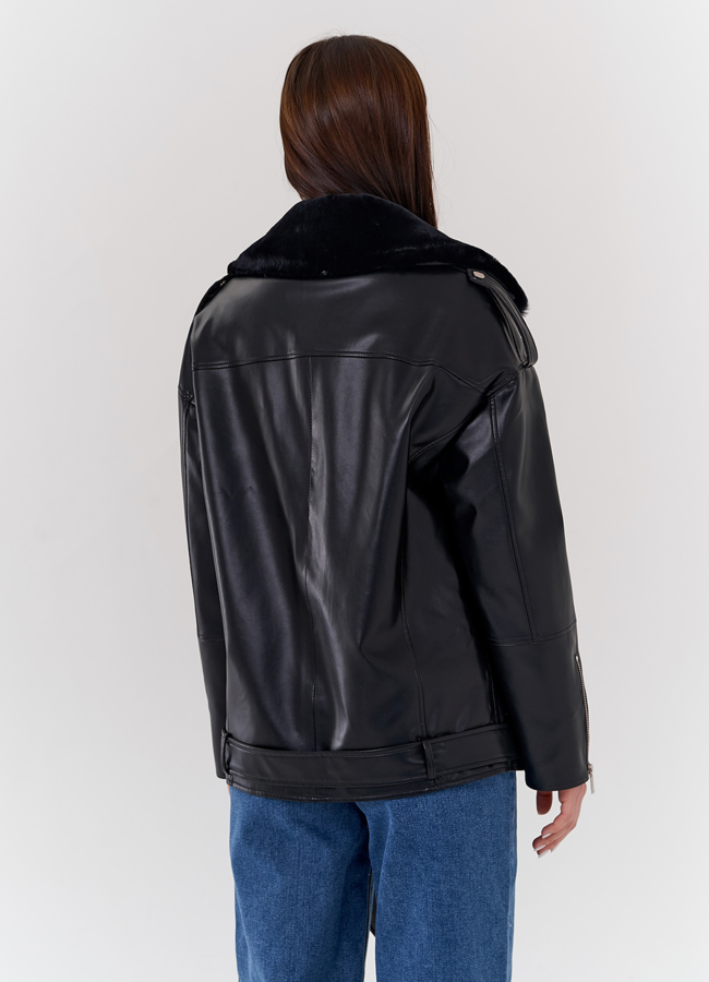 Куртка-косуха из эко кожи на утеплителе с натуральным мутоном модель № 24213 в кредит