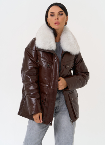 Коричневый кожаный пуховик