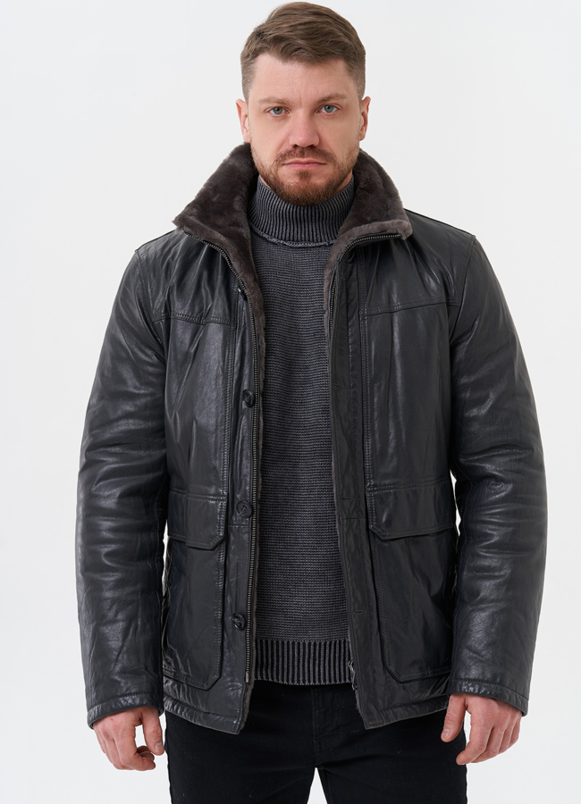 Куртка из натуральной кожи с отделкой из мутона модель № 28950 меха малина