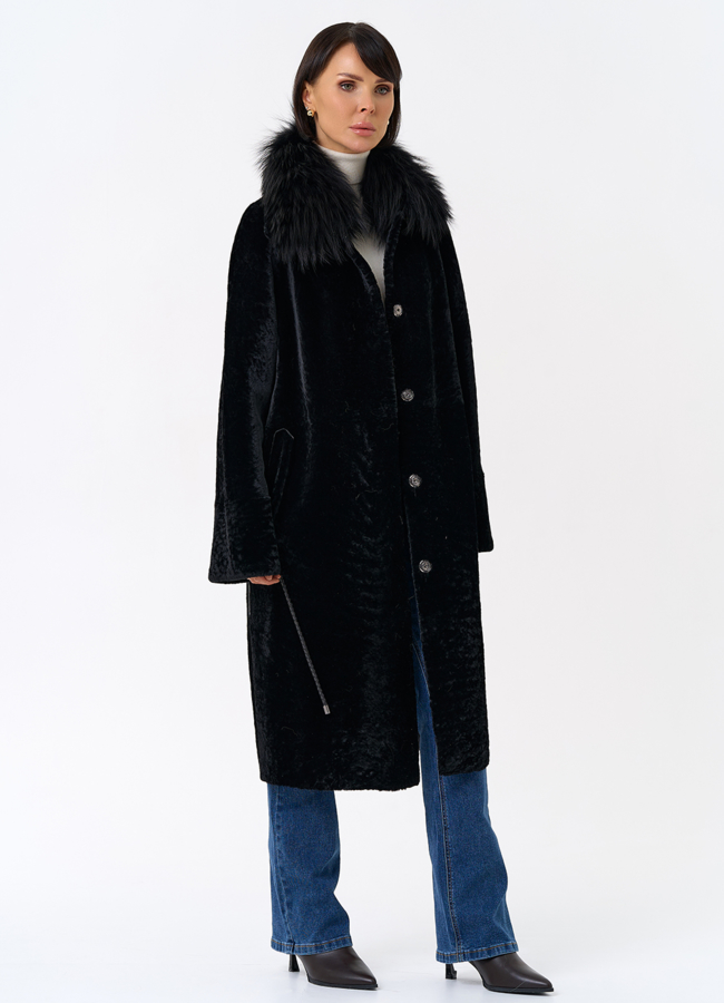 Женская двухстороняя дубленка с воротником из меха чернобурой лисы модель № 31932 универмаг малина