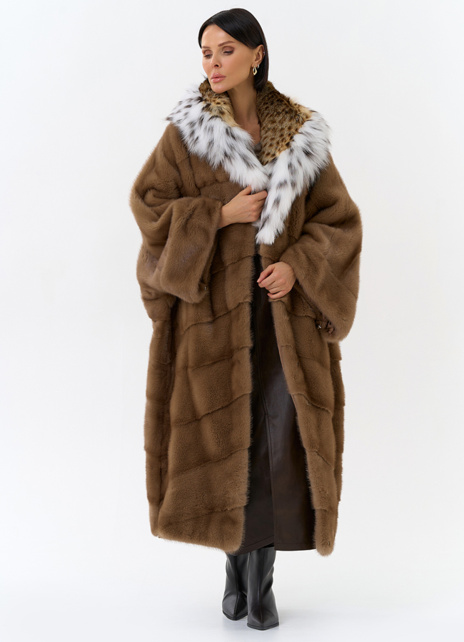 Шуба из меха норки с капюшоном из меха рыси модель № 31871 универмаг малина