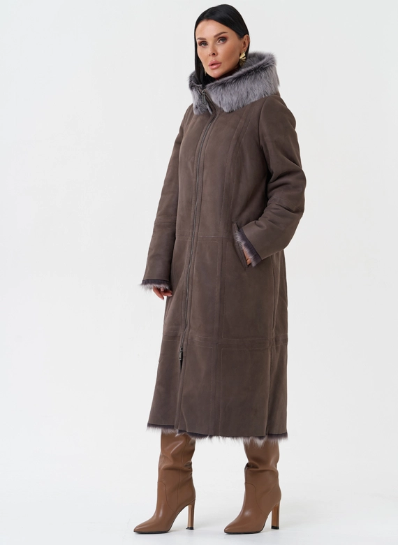 Дубленка с отделкой из тосканы с капюшоном