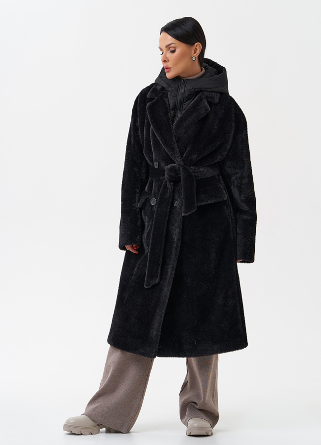 Женское ворсовое пальто с капюшоном модель № 28944 в кредит