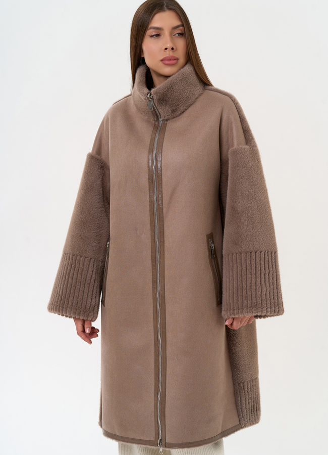 Женская двухсторонняя дубленка из эко замши с воротником стойкой модель № 31415 универмаг малина