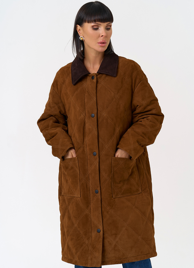 Женский пуховик из натуральной замши  модель № 31567 меха малина