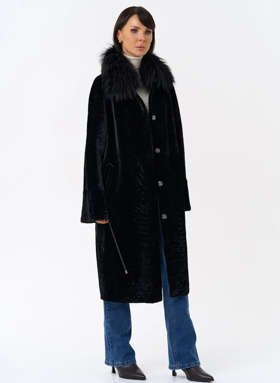 Женская двухстороняя дубленка с воротником из меха чернобурой лисы