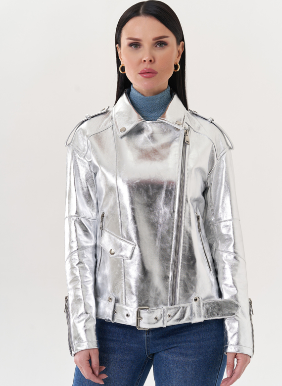 Куртка "косуха" из натуральной кожи под серебро