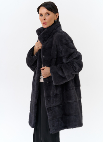 Норковая шуба с воротником стойка в цвете графит