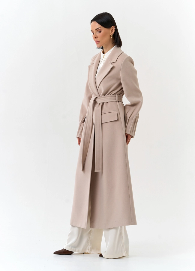 Женское светлое пальто с поясом модель № 32645 универмаг малина