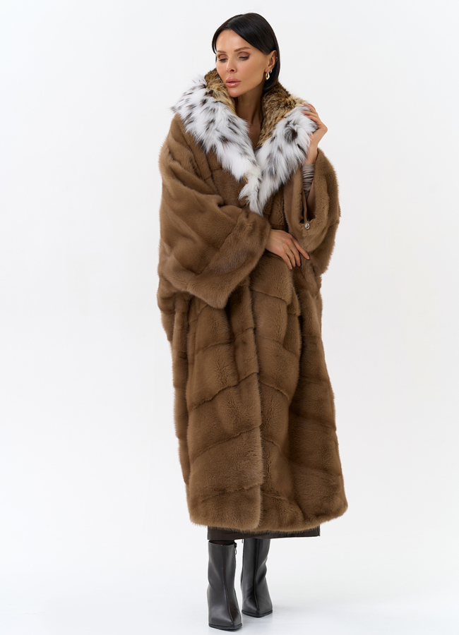 Шуба из меха норки с капюшоном из меха рыси модель № 31871 меха малина