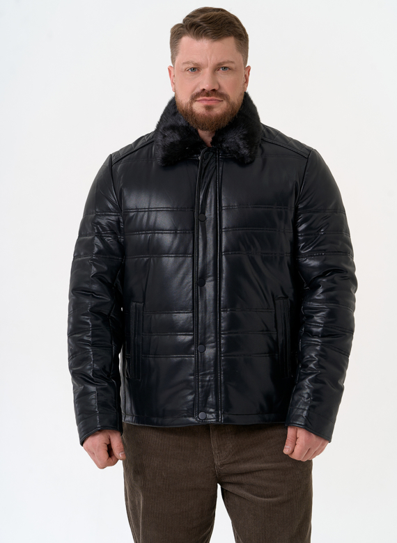 Пуховик из эко кожи с воротником стойкой