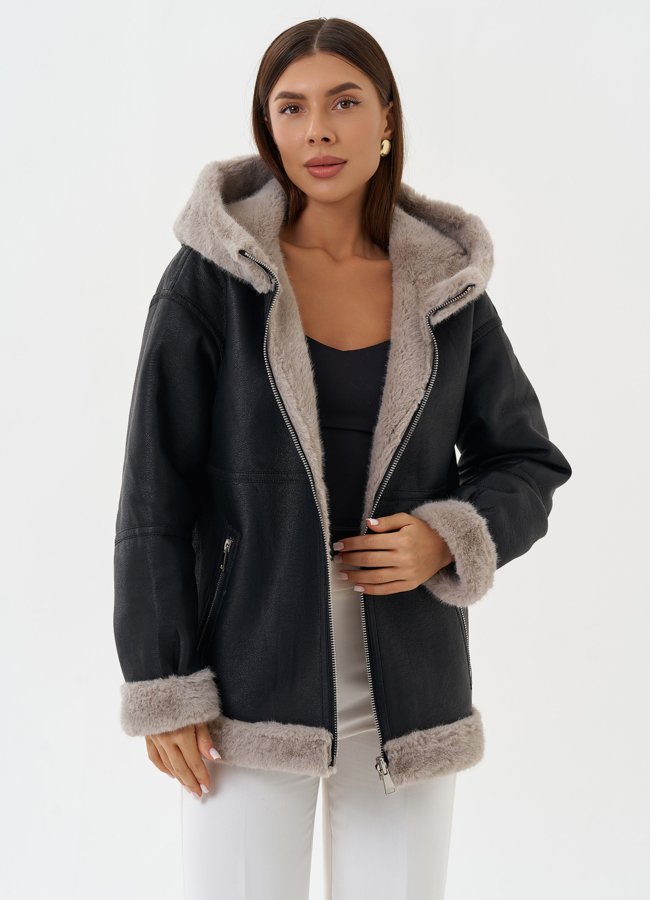 Женская эко дубленка с капюшоном модель № 27760 универмаг малина