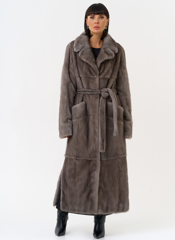 Длинная шуба из меха норки с английским воротником