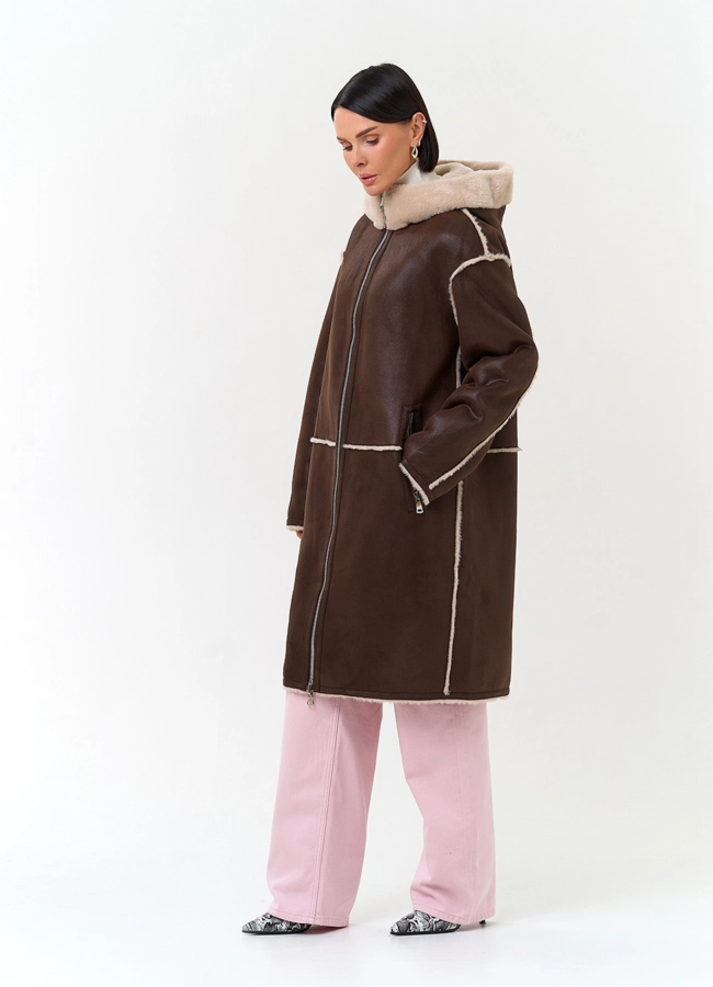 Женская дубленка из эко замши модель № 33913 универмаг малина