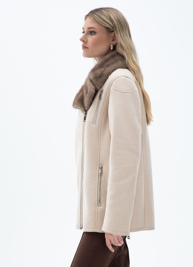 Женская дубленка из эко кожи с отделкой из эко меха модель № 32026 в рассрочку