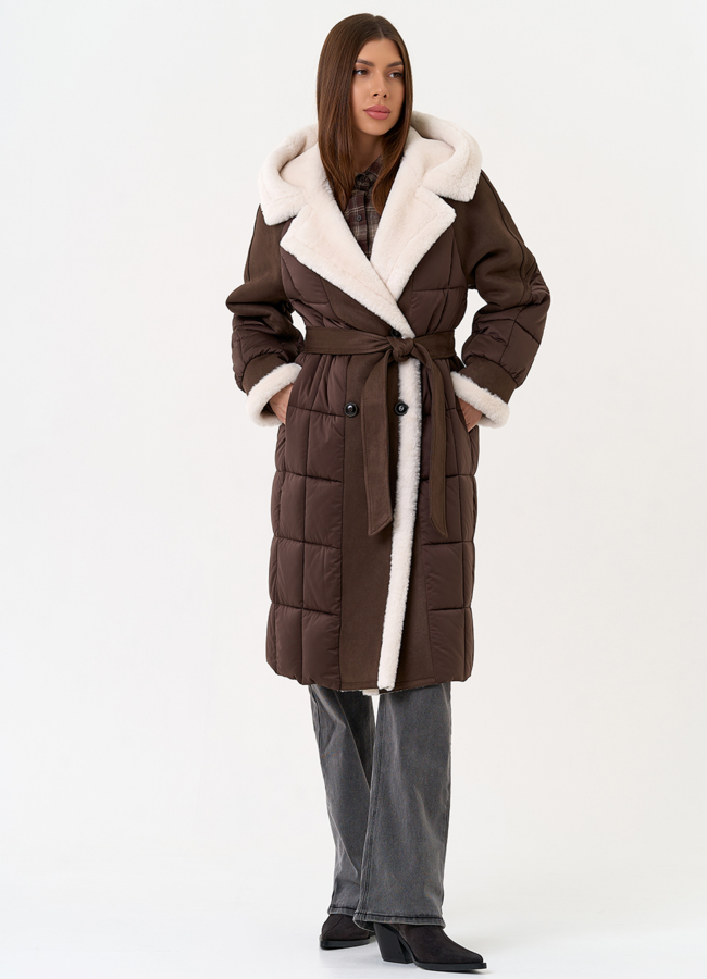 фото Комбинированный пуховик из эко кожи модель № 31692